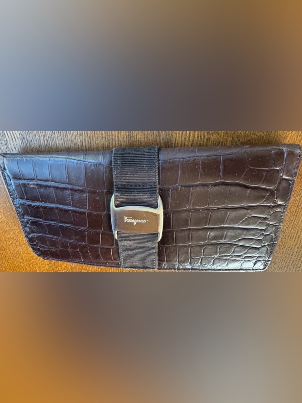 Salvatore Ferragamo Brown Vara Croc-Embossed Leather Long Wallet W/COA
